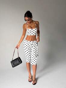 黑白波点吊带背心和七分裤运动套装，活力瑜伽健身休闲可爱女孩必备 - 黑與白 - 查看 1