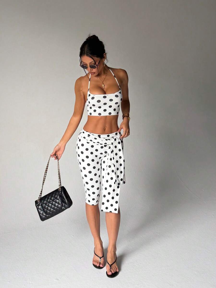 黑白波点吊带背心和七分裤运动套装，活力瑜伽健身休闲可爱女孩必备 - 黑與白 - 查看 1