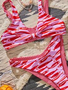 Bộ bikini mùa hè mới dành cho nữ, bộ bikini thiết kế xoắn hai mặt in họa tiết lãng mạn, thanh lịch, thích hợp cho kỳ nghỉ biển, lễ hội, tiệc tùng, ngày Valentine, lễ hội hóa trang, đồ bơi nữ, đồ đi biển nữ - Màu Hồng Tươi - Xem 5