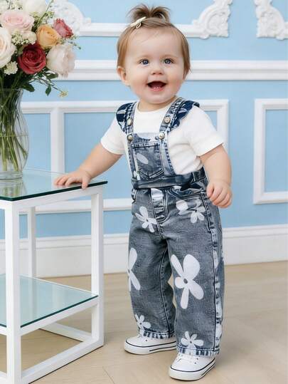 Baby Girls 6M-3 Years Spring & Summer Ins Style Ruffle Trim Floral Print Washed Denim Overalls Sweet Versatile Casual Outdoor Pants