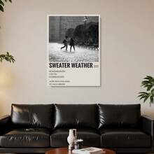 Enmarcado Póster en lienzo de escena urbana lluviosa de la vecindad "Sweater Weather" plano 2D, 1 pieza, 12.0X18.0 pulgadas,  monocromático con una silueta de pareja romántica, decoración de paisaje urbano  de calidad para sala de estar, dormitorio - Enmarcado - Ver 5