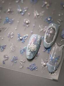 5D珍珠蝴蝶美甲贴纸，全息水晶仙女玫瑰蝴蝶结贴花，春日魅力箔纸包装 - 淺藍色 - 查看 6