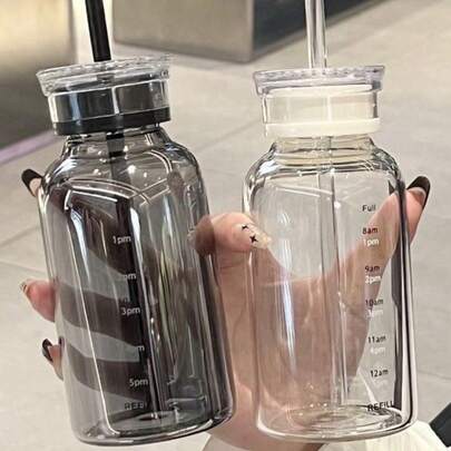 1 个带两个盖子的玻璃水瓶 - 便携式旅行咖啡杯，可重复使用且易于清洁的玻璃材质 - 可追踪加水时间 - 完美的生日礼物 - 现货供应（尺寸表为实物拍摄，纸盒仅作装饰用途。）