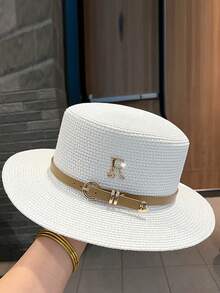 Sombrero de paja para mujer para viajes de verano, playa, cinturón de cuero con letra R de rhinestone, sombrero de sol plano de estilo británico retro, protección UV - Blanco - Ver 10