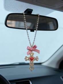 Rhinestone Cross Pendant With Pearl Decor, Car Rearview Mirror Hanging Ornament - Cross - View 7
