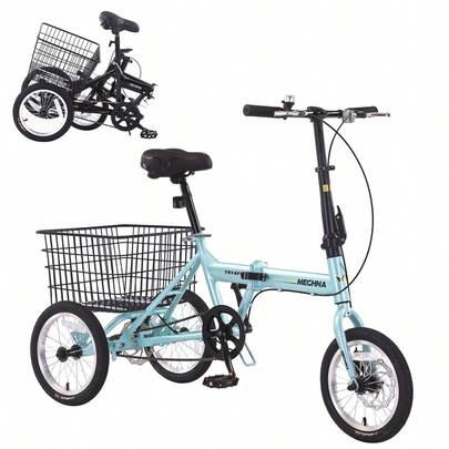 Folding Tricycle For Adults 14 Inch 3 Wheel Bikes For Adults With Basket 95% Pre-Assembled Collapsible Steel Frame 200 LBS Capacity