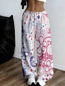 Floral Pattern Wide Leg Pants With Drawstring Waist And Elastic Hem For Comfortable Casual Wear Suitable For Leisure And Sports Activities - White - View 1