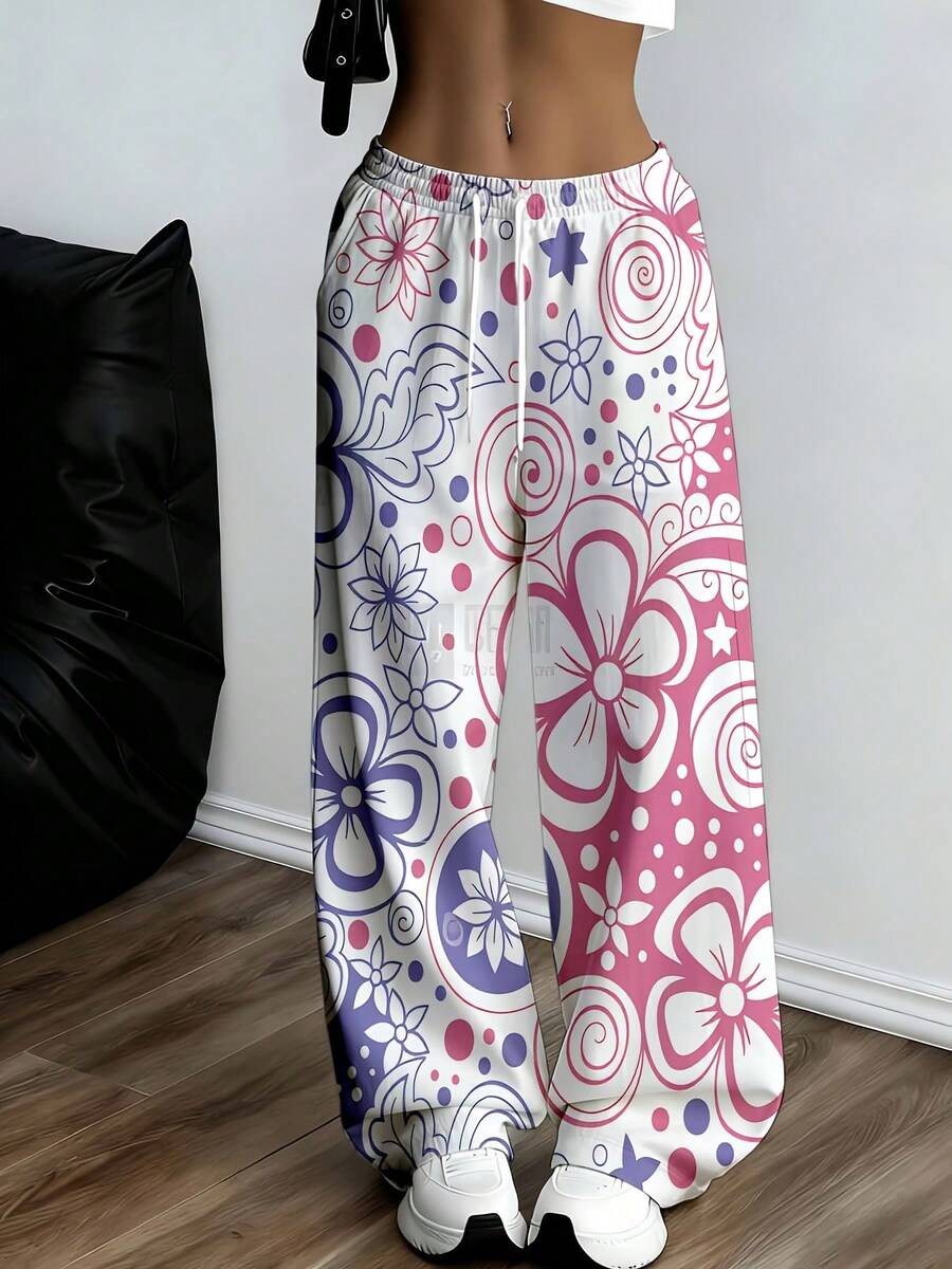Floral Pattern Wide Leg Pants With Drawstring Waist And Elastic Hem For Comfortable Casual Wear Suitable For Leisure And Sports Activities - White - View 1