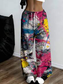 Colorful Abstract Paint Splatter Wide Leg Pants For Women Casual Sporty Style Comfortable Loose Fit Sweatpants Suitable For Leisure And Exercise - 白色 - 查看 1