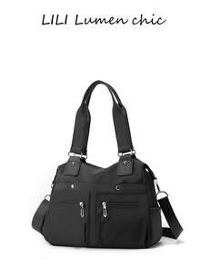 New Stylish Classic Multifunctional Solid Black Ladies' Internal Large-Capacity Multi-Pocket Color-Block Portable Shoulder Bag, Ladies' Casual Canvas Crossbody Bag, Lightweight Campus Handbag, Suitable For School Outings. Can Also Be Used For Commuting To Work And Shopping. - Black - View 7
