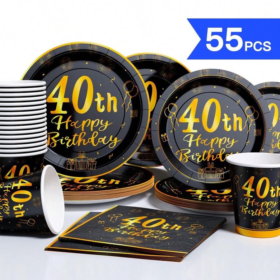 Bộ đĩa, khăn ăn, cốc dùng một lần màu đen & vàng cho sinh nhật lần thứ 40, phục vụ 10 người, đồ dùng tiệc bằng giấy dùng một lần phù hợp cho sinh nhật, đám cưới, tiệc tùng, dã ngoại gia đình. - Xem 1