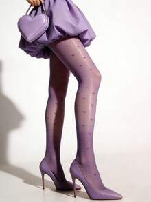 1条弹力光滑紧身连裤袜，半透明法式爱心印花丝袜，性感踩脚打底裤，显瘦连裤袜，时尚百搭，适合情人节、万圣节、约会、派对等场合。 - 紫色 - 查看 4