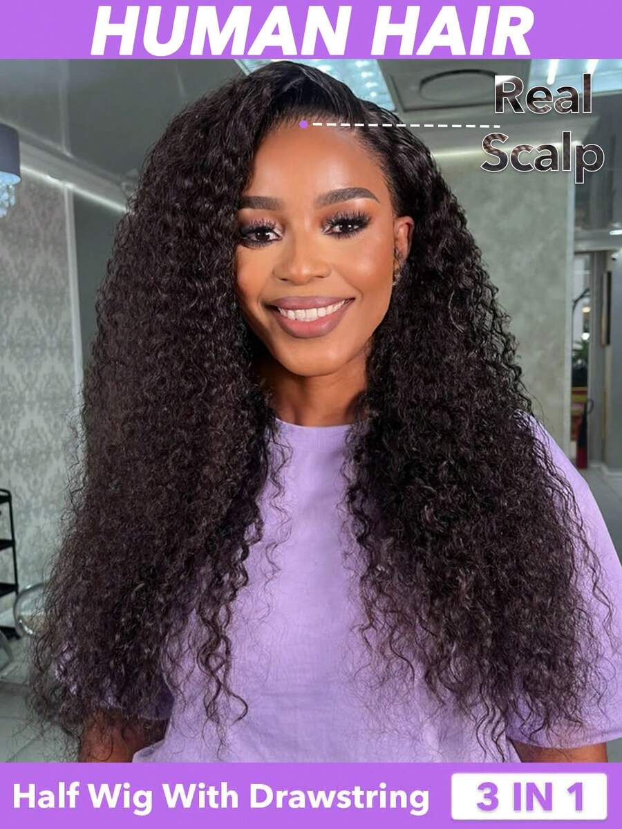 Half Wig Human Hair Kinky Curly Wave 20 22 24 26 28 Inch Curly Human Hair Half Wig Drawstring Glueless Wear Go Half Wigs For Black Women 3 In 1 Seamles Flip Over Beginner Friendly 150% Density Natural Black Colour - Natural Black - View 1