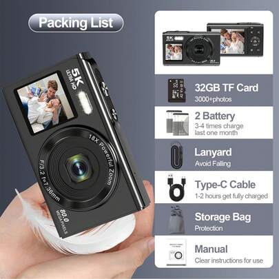5K Digital Camera, 80MP Vlog Dual Screen Camcorder Suitable For Video Blogging, 18X Digital Zoom And Flash, Dual Screen Camera With 32GB Or 64GB TF Card And 2 Batteries, Portable Compact Camera Suitable For Teenagers, Students, Holiday Gifts