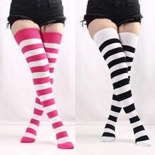 1 Pair Women's Over The Knee Socks Combed Cotton Thigh High Socks Plus Size Long Loose Fit Striped Fashion Casual Daily Wear - 黑色 - 查看 5