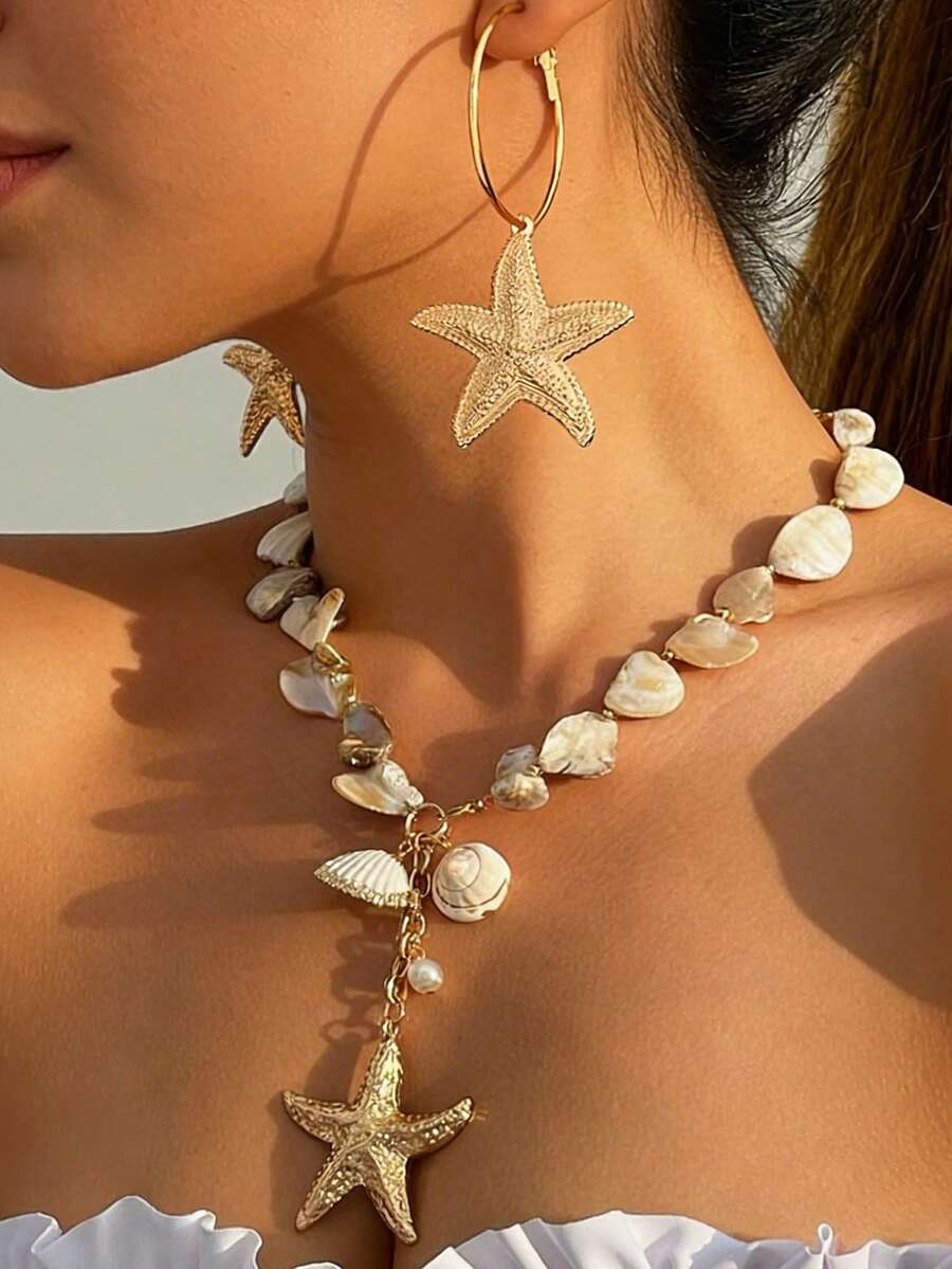 3 piezas Conjunto de joyería estilo bohemio retro con elementos marinos de lujo, collar con colgante de estrella de mar y perlas falsas, aretes de diseño metálico exagerado, para uso diario y decoración de playa, regalo. La forma, el patrón y el color de la concha son aleatorios. - Dorado - Ver 1