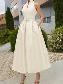 Women's Elegant Tie-Waist A-Line Dress, New Spring/Summer & Summer/Autumn Styles, Sleeveless V-Neck, Office/Commute Dress Black - 杏色 - 查看 3