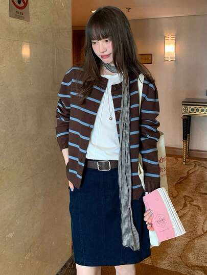 Relaxed Striped Knit Cardigan, Colorblock Long Sleeve Vintage Round Neck Sweater For Women, Spring/Autumn