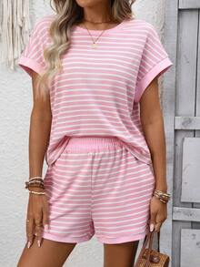 Women's Pink Striped Two Piece Set Casual Short Sleeve T-Shirt & Shorts Lounge Set - Pink - View 7