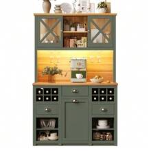 Kitchen Furniture (120 X 45 X 188 Cm), Tall Cabinets, Sideboards, Kitchen Units With Glass Doors And LED Lighting, Sideboard With Wine Rack, Adjustable Shelves, Green - Olive Green - View 1