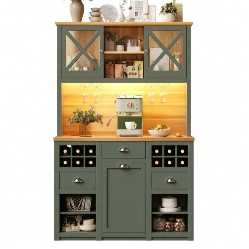 Kitchen Furniture (120 X 45 X 188 Cm), Tall Cabinets, Sideboards, Kitchen Units With Glass Doors And LED Lighting, Sideboard With Wine Rack, Adjustable Shelves, Green - Olive Green - View 1