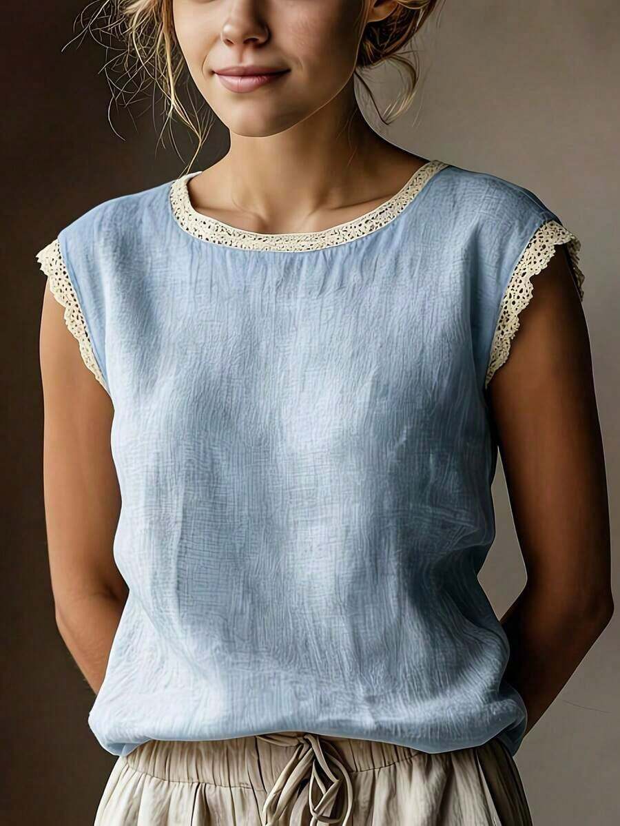 Vintage Linen Blend Short Sleeve Top For Women, Lace Patchwork Round Neck Loose Fit Breathable Linen Blend T-Shirt, Summer White - Màu xanh da trời - Xem 1