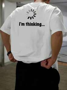 GRDR 男士休闲“我在思考”字母印花圆领短袖T恤，舒适时尚 - 白色 - 查看 3