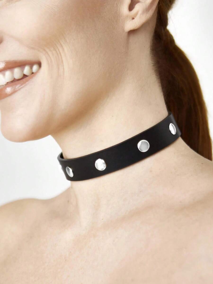 1 chiếc vòng cổ da màu đen kiểu punk dành cho nữ, có thể điều chỉnh kích thước, khóa bạc, kiểu vòng cổ choker phối kim loại, thích hợp cho các bữa tiệc hóa trang hoặc cosplay. - màu đen - Xem 1
