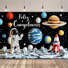 1件太空主题生日横幅，以宇航员和火箭为背景，饰有行星、火箭和星星图案，太空主题派对用品，宇航员装饰，涤纶材质。适用于生日、婚礼、派对、庆典、主题派对、派对用品、摄影背景、室内/室外装饰横幅。 - 查看 2