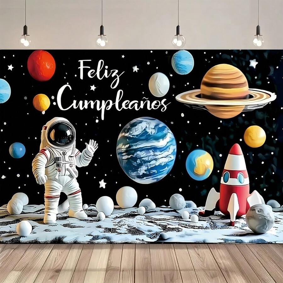 1件太空主题生日横幅，以宇航员和火箭为背景，饰有行星、火箭和星星图案，太空主题派对用品，宇航员装饰，涤纶材质。适用于生日、婚礼、派对、庆典、主题派对、派对用品、摄影背景、室内/室外装饰横幅。 - 查看 1