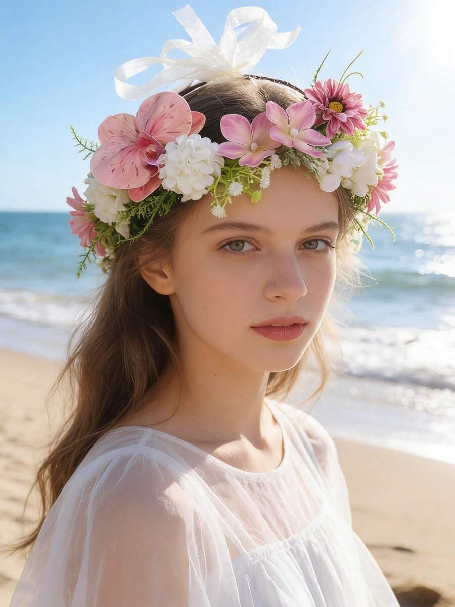 1件女孩花环,逼真褶皱玫瑰花苞、绣球花、海棠花发箍,适合海滩、拍照,可调节缎带发饰 - 粉色 - 查看 1