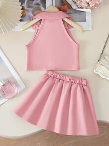 BASUSARRI 2pcs Collar Button Cardigan Top & Pleated Skirt Commuter Lady Style Elegant Sweet Outfit, Party, Date - Pink - View 3