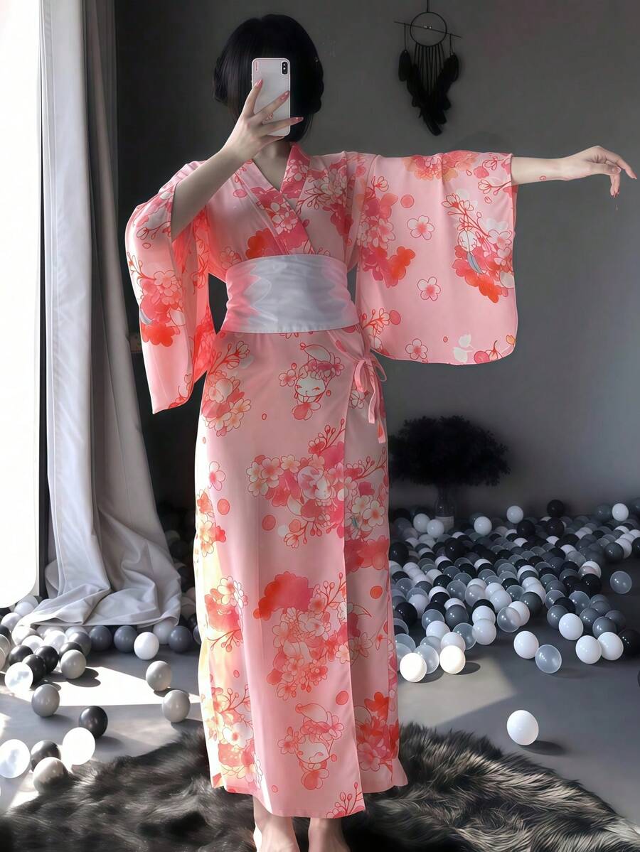 一套日式樱花和服，性感角色扮演服装，适合节日、派对、表演、舞台演出 - 仅包含连衣裙和腰带，春季款 - 彩色 - 查看 1