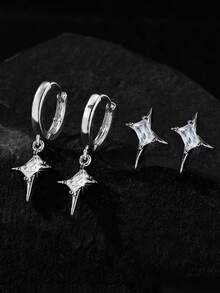 1 Đôi bông tai hình ngôi sao bốn cánh bất đối xứng độc đáo, bông tai unisex không gây dị ứng, phù hợp với nhiều phong cách, thích hợp cho các dịp lễ hội và đeo hàng ngày. - Bạc - Xem 1