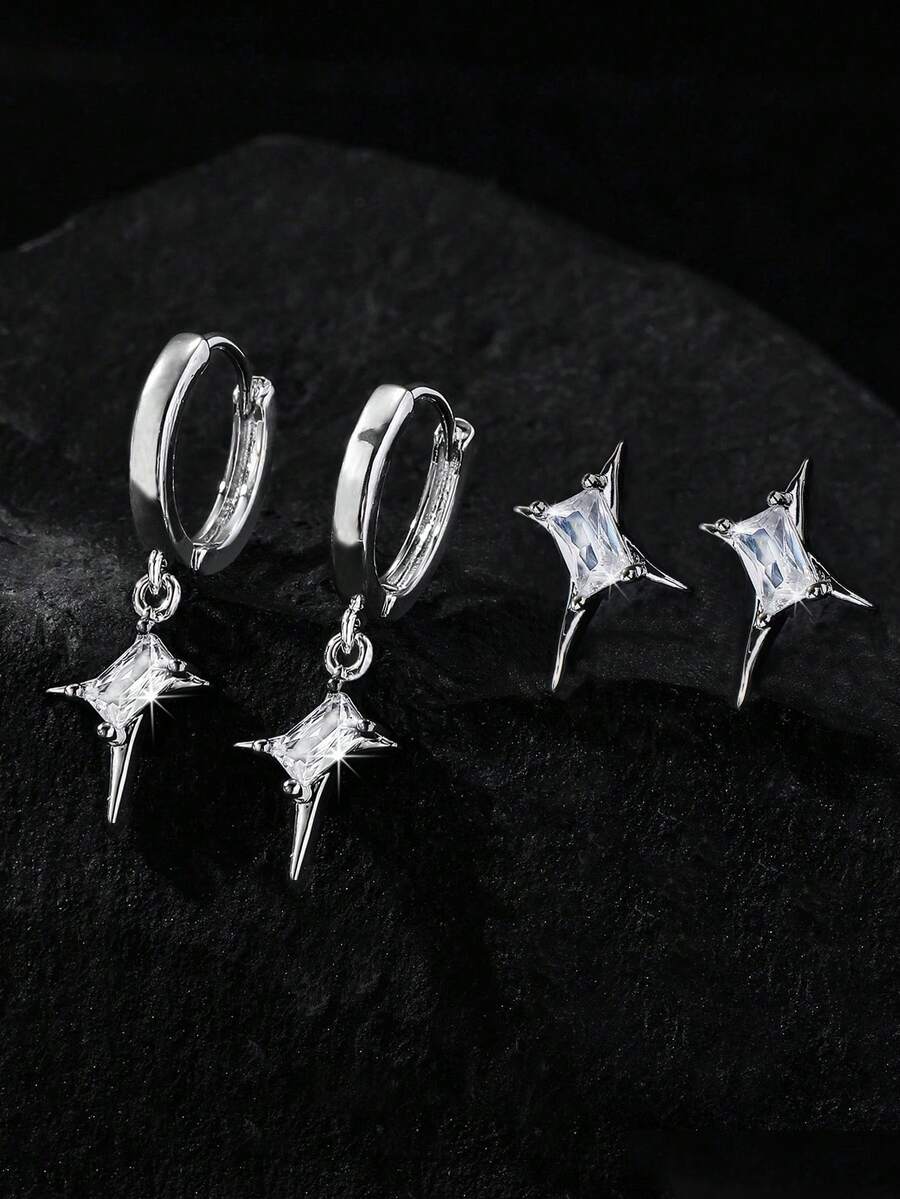 1 Đôi bông tai hình ngôi sao bốn cánh bất đối xứng độc đáo, bông tai unisex không gây dị ứng, phù hợp với nhiều phong cách, thích hợp cho các dịp lễ hội và đeo hàng ngày. - Bạc - Xem 1