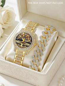 Bộ 2 đồng hồ nữ thạch anh sang trọng, cao cấp, bao gồm đồng hồ thạch anh nữ mặt số chữ số Ả Rập hình cây sự sống và dây đeo đính pha lê toàn phần. - Vàng - Xem 8