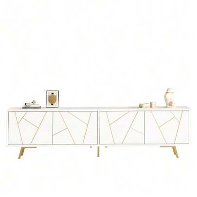 Living Room TV Stand, 190 X 40 X 51.5 Cm, With 4 Doors, Low Top, And 6 Metal Legs, 190 Cm Long, Suitable For TVs With A Screen Diagonal Of Approximately 85 Inches, White And Gold