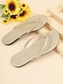 女士极简人字拖，平底防滑凉鞋，夏季度假百搭沙滩鞋 - 金色 - 查看 5