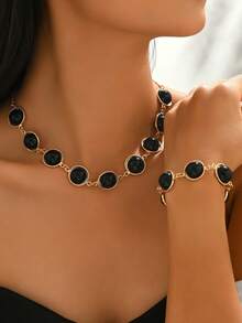 Set de joyería de 2 piezas con collar y pulsera vintage geométricos redondos con incrustaciones de acrílico negro, adecuado para uso diario, fiestas y vacaciones - Multicolor - Ver 1