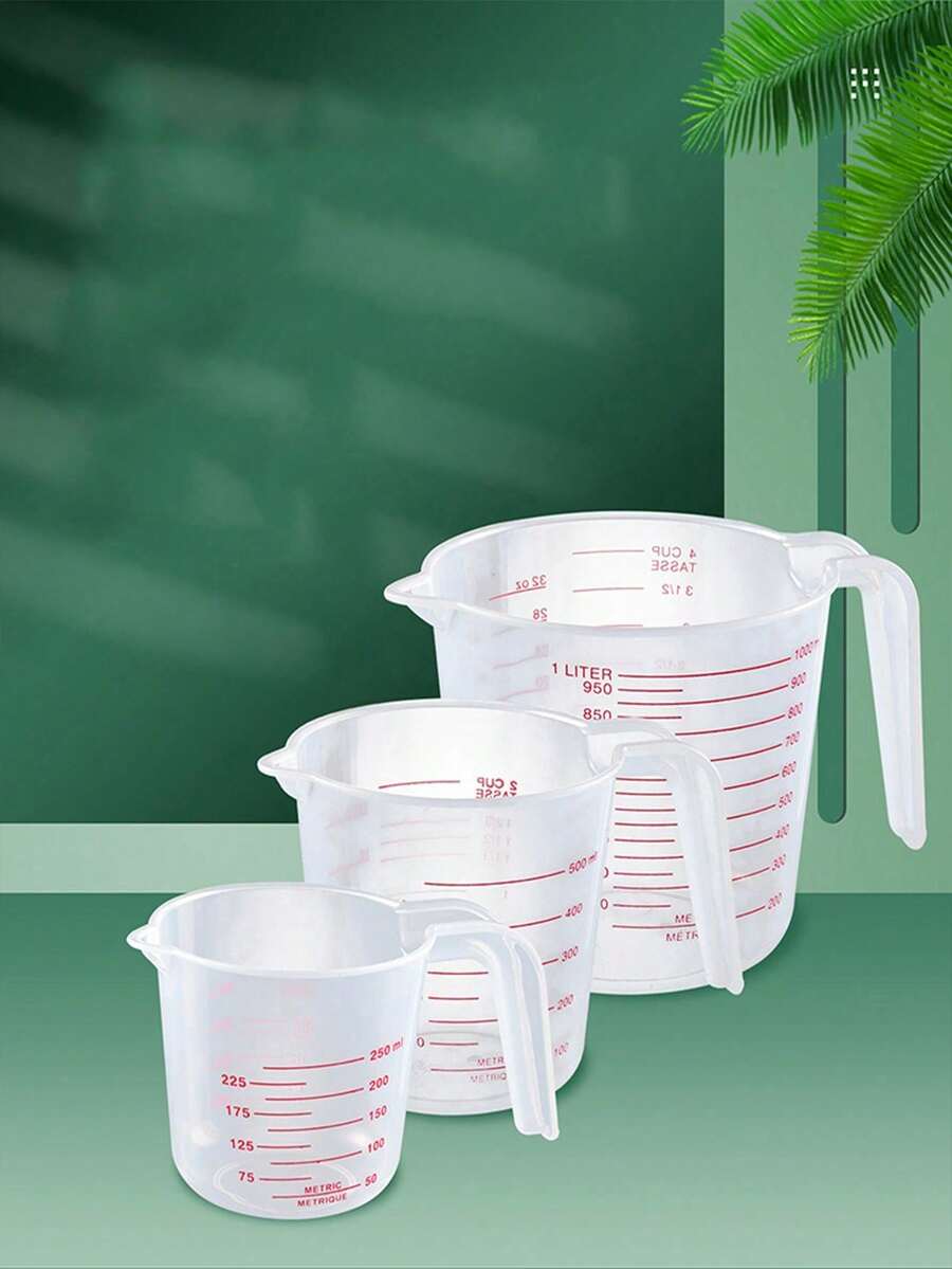 Bộ 3 cốc đong bằng nhựa trong suốt có vạch chia, dụng cụ đong đong dùng trong nhà bếp và làm bánh.