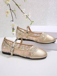 少女银色亮片蕾丝玛丽珍鞋，儿童夏季透气绑带银色平底鞋，软底百搭低帮鞋 - 金色 - 查看 2