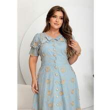 Evangelical Fashion Dress, Midi Skirt, Buttons, Embroidered Detail, Ruffle. - Blue - View 2