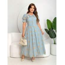 Evangelical Fashion Dress, Midi Skirt, Buttons, Embroidered Detail, Ruffle. - Blue - View 8