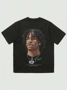 Camiseta de hombre con estampado hip-hop Y2K - Negra, estilo casual urbano, diseño de jugador de baloncesto, algodón transpirable, perfecta para deportes y actividades al aire libre, ropa de verano, camiseta de corte holgado, camiseta de algodón con estampado moderno, camisetas vintage, camisetas gráficas, camisetas da-mi-ri-rtidas de estilo urbano para hombre, regalo de Halloween, impresa y enviada desde EE. UU. - Negro - Ver 1