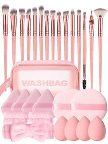 Bộ dụng cụ trang điểm 29 món bao gồm: Bộ 15 cọ trang điểm + 1 túi đựng đồ vệ sinh cá nhân đa năng có khóa kéo và túi trang điểm chống thấm nước + 4 bông mút trang điểm + 2 bông phấn tròn + 4 bông phấn tam giác + 2 giá đỡ bát trang điểm cầm tay + 1 băng đô cài tóc - Hồng - Xem 10