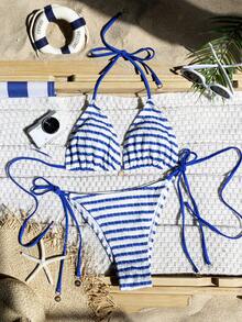 Premium European Halter Bikini With Striped Wavy Split Design, Stylish Color-Block Swimwear Perfect For Hot Springs, Pool Parties And Beach Vacations - Royal Blue and White - View 1