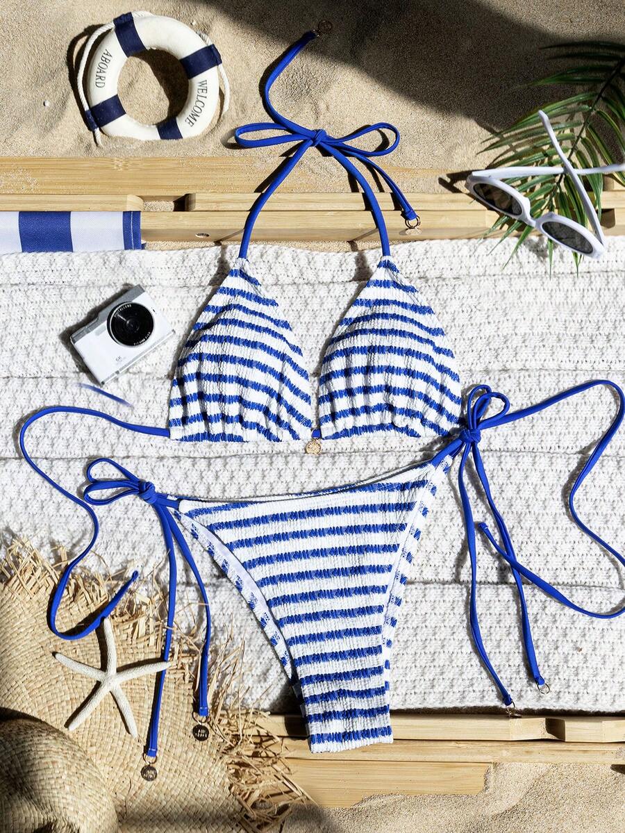 Premium European Halter Bikini With Striped Wavy Split Design, Stylish Color-Block Swimwear Perfect For Hot Springs, Pool Parties And Beach Vacations - Royal Blue and White - View 1