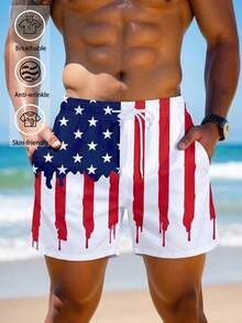 男士美国国旗印花速干泳裤，爱国风滴落设计，配有抽绳腰带和侧袋，适合夏季海滩和游泳度假 - 白色 - 查看 2