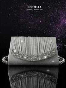Noctella 四件套奢华水晶首饰套装：闪耀项链、耳环、手链和优雅褶皱水晶手拿包。可拆卸金属链条单肩包，适合婚礼和派对场合。多功能鸡尾酒会婚礼钱包手拿包 - 銀色 - 查看 2