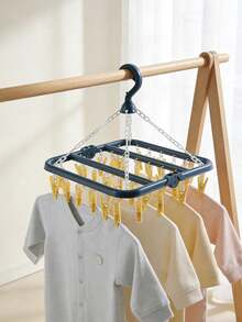 1 chiếc móc treo quần áo đa năng kèm 32 kẹp, giá phơi đồ bằng nhựa dùng cho tất, giá phơi đồ ban công, móc treo quần áo trẻ em, giá treo đồ lót. - 32 kẹp màu xanh dương + vàng - Xem 5
